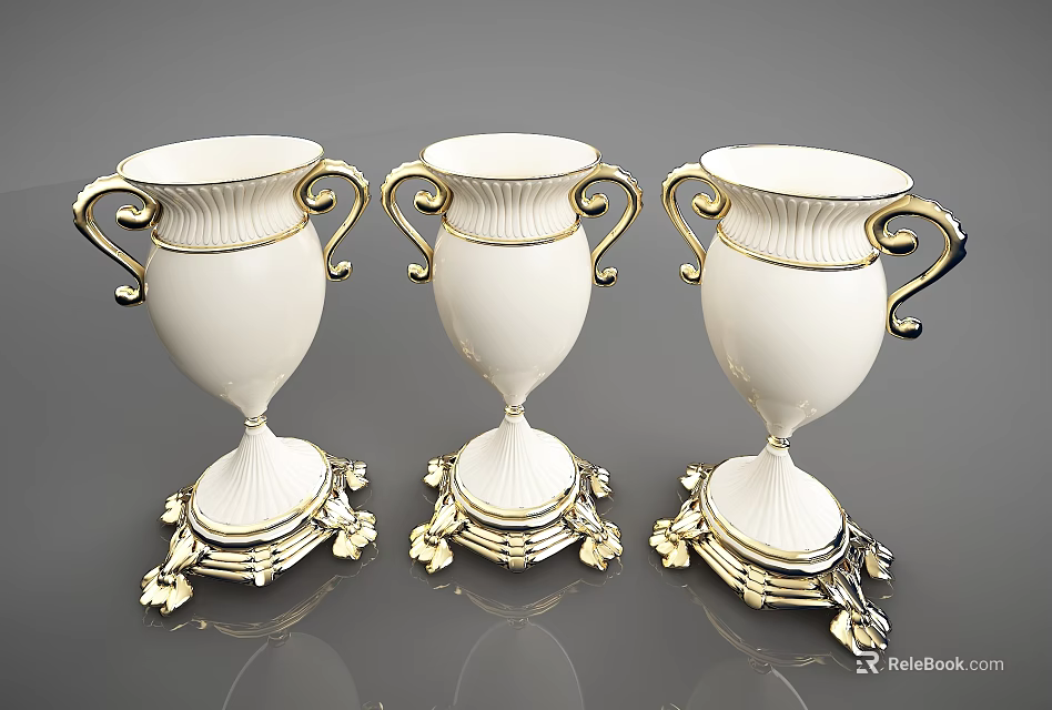 Decorative Ornament Set Three Elegant Vases White With Gold Accents Handles And Carved Base 3d model 