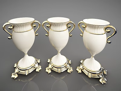 Decorative Ornament Set Three Elegant Vases White With Gold Accents Handles And Carved Base 3d model