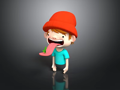 Cartoon Kid Wearing Red Hat And Blue T-Shirt Sticking Out Tongue With Green Leaf 3d model