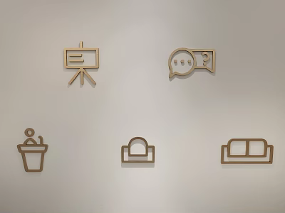 Wooden Wall Hanging Decorations Featuring Easel Speech Bubble Waste Bin Handbag And Sofa Shapes 3d model