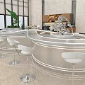Modern Café Interior With Large Windows City View Green Plants Circular Bar And High Stools