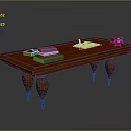 Wooden Writing Desk With Carved Legs And Colorful Books Open Book Red Telephone
