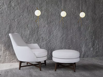 White Single Sofa With Ottoman And Wooden Legs Against Gray Wall And Round Pendant Lights 3d model
