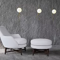 White Single Sofa With Ottoman And Wooden Legs Against Gray Wall And Round Pendant Lights
