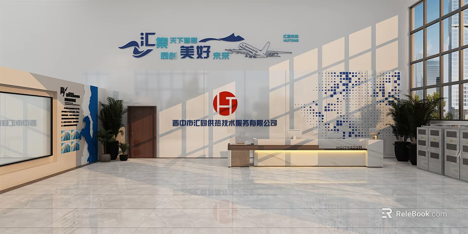 Modern Office Front Desk Reception With Corporate Logo Wall Art And Elegant Lobby Design 3d model 