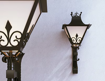 Black Decorative Wall Lamps With Intricate Patterns Crown Design And White Shades Mounted On Wall 3d model