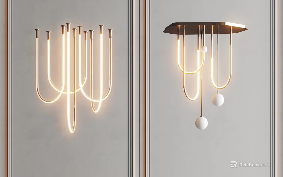 Modern Pendant Lights With Golden Metal Structures Glowing Illumination And White Spherical Decorations 3d model 
