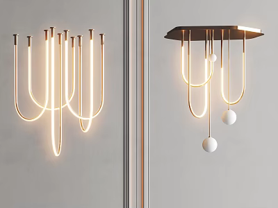 Modern Pendant Lights With Golden Metal Structures Glowing Illumination And White Spherical Decorations 3d model