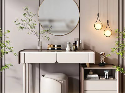 Modern Dressing Table With Round Mirror Hanging Lights Drawers And Green Plants 3d model