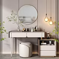 Modern Dressing Table With Round Mirror Hanging Lights Drawers And Green Plants