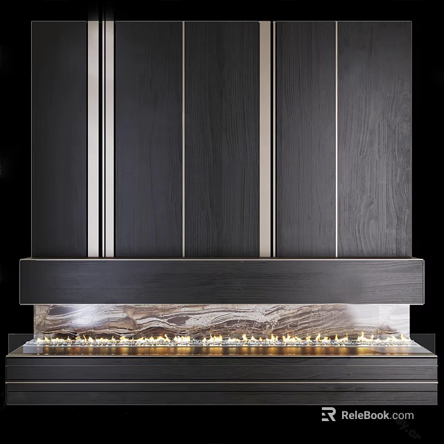 Modern Fireplace Interior Design Featuring Dark Wood Panels And Metal Accents 3d model 