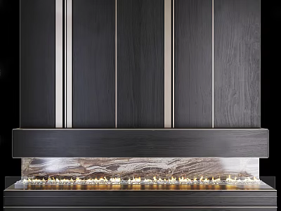 Modern Fireplace Interior Design Featuring Dark Wood Panels And Metal Accents 3d model