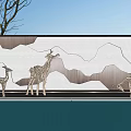 Modern Scenic Wall Featuring Mountain Pattern Backlighting And Golden Metal Deer Sculptures With Pool Reflection