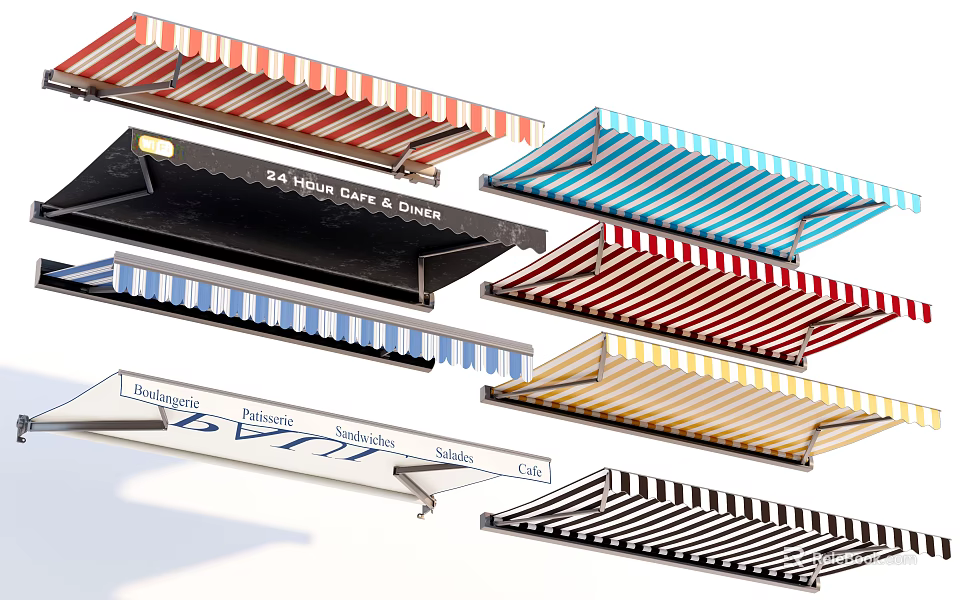 Colorful Striped Window Awnings With Various Patterns And Decorative Design Styles 3d model 