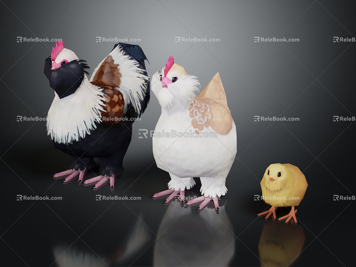 Modern cock cock hen chick 3d model