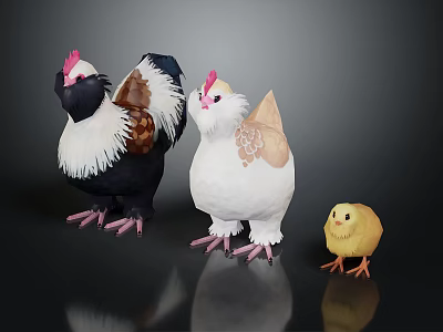 Three Colorful Flying Animals Adult And Baby Chickens With Fluffy Feathers 3d model