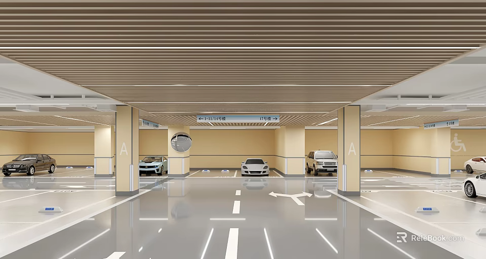 Well Lit Modern Indoor Parking Garage With Parked Cars Floor Markings And Columns 3d model 