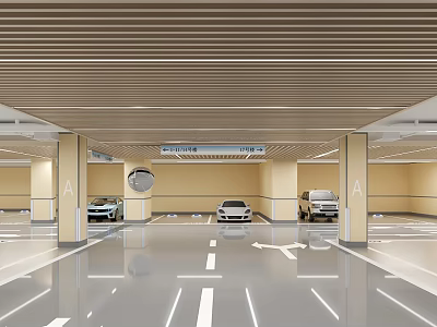 Well Lit Modern Indoor Parking Garage With Parked Cars Floor Markings And Columns 3d model