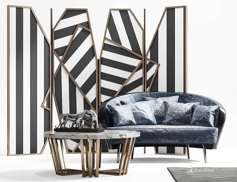 Navy Blue Velvet Two-Seater Sofa With Marble Top Coffee Table And Black White Geometric Screen 3d model 