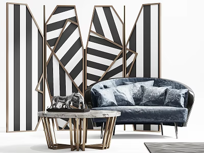 Navy Blue Velvet Two-Seater Sofa With Marble Top Coffee Table And Black White Geometric Screen 3d model