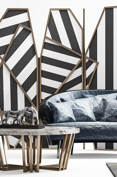 Navy Blue Velvet Two-Seater Sofa With Marble Top Coffee Table And Black White Geometric Screen 3d model