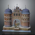 Historical Red Brick Architectural Structure With Twin Domed Towers Blue Roofs And Ornate Arched Entrance