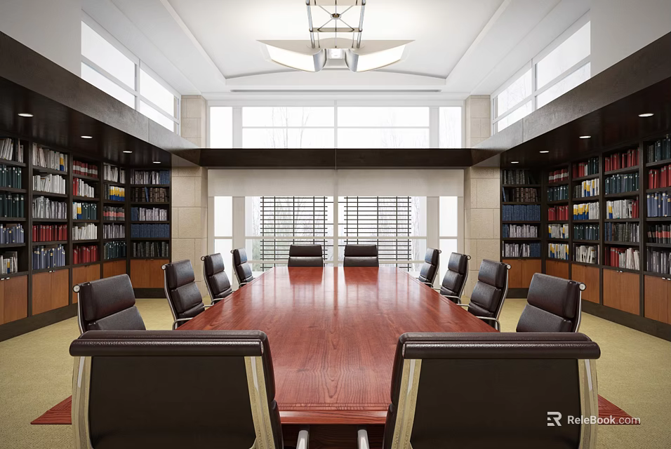 Spacious Conference Room With Long Wooden Table Black Leather Chairs Large Windows And Bookshelves 3d model 
