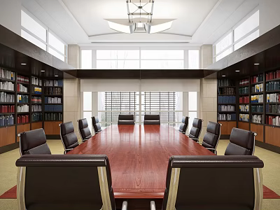 Spacious Conference Room With Long Wooden Table Black Leather Chairs Large Windows And Bookshelves 3d model
