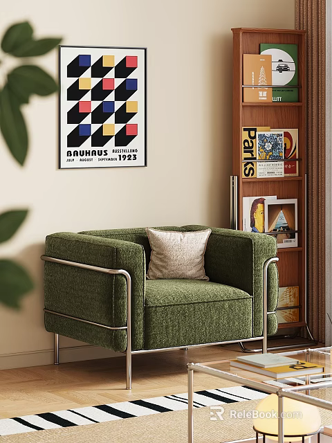 Green Single Sofa With Metal Frame And Bauhaus Poster In Modern Living Room Interior 3d model 