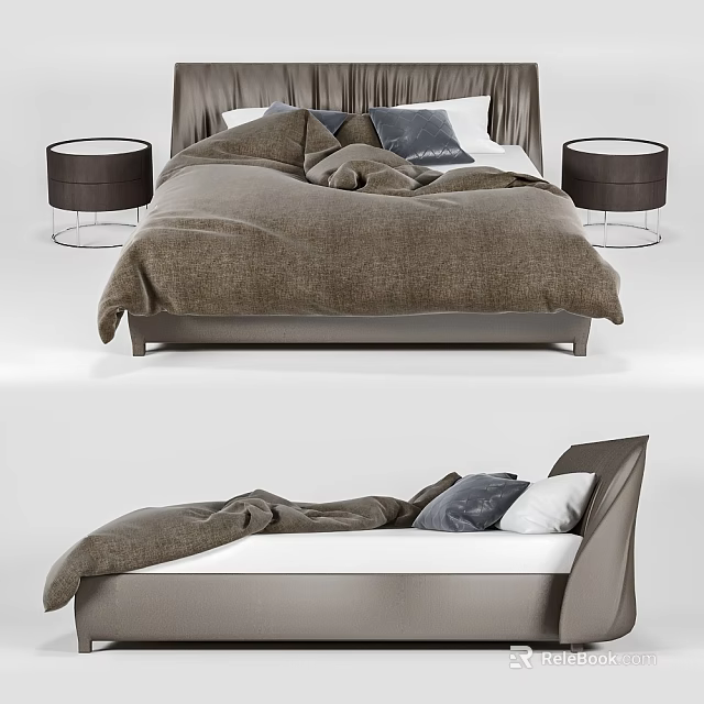 Modern Double Bed Interior With Brown Bedding Pillows And Round Nightstands 3d model