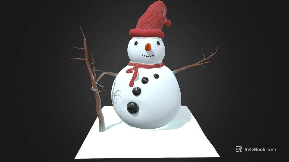 Cute Snowman With White Body Red Hat Scarf Black Buttons And Stick Arms 3d model 
