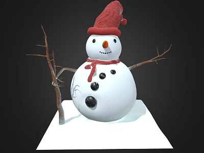 Cute Snowman With White Body Red Hat Scarf Black Buttons And Stick Arms 3d model