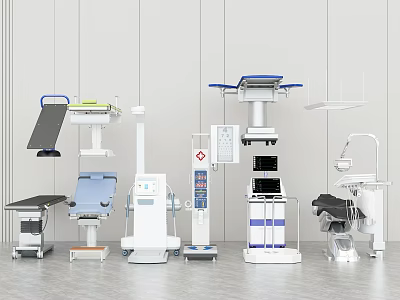 Modern Medical Equipment Collection Featuring Examination Tables Surgical Lights Monitors And Treatment Carts 3d model