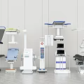Modern Medical Equipment Collection Featuring Examination Tables Surgical Lights Monitors And Treatment Carts