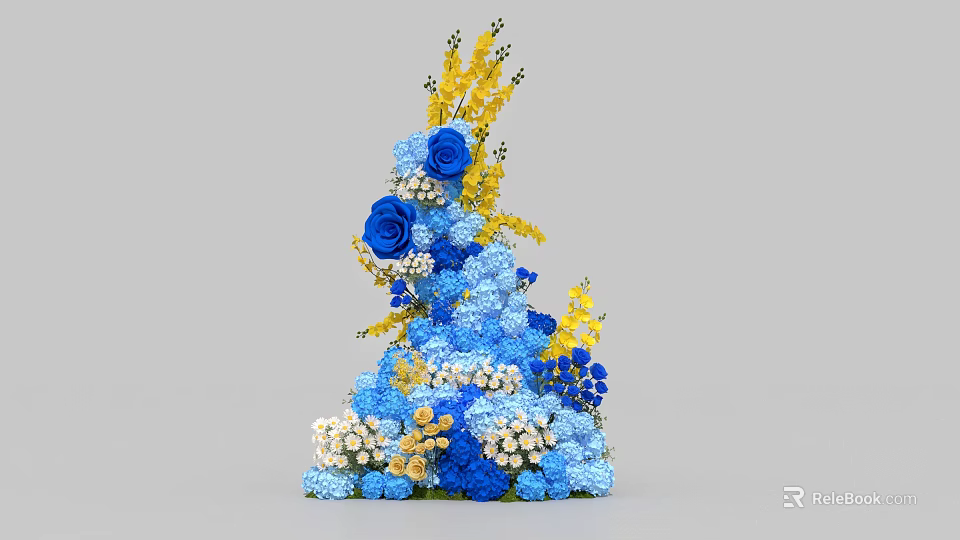 Floral Display Design With Blue Yellow And White Flowers In Tower Shape 3d model 