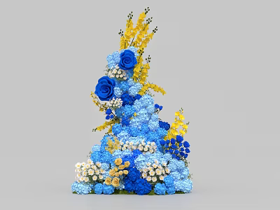Floral Display Design With Blue Yellow And White Flowers In Tower Shape 3d model