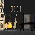 Modern Musical Instruments Display Featuring Guitars Piano Bench And Black Wall Interior 3d model