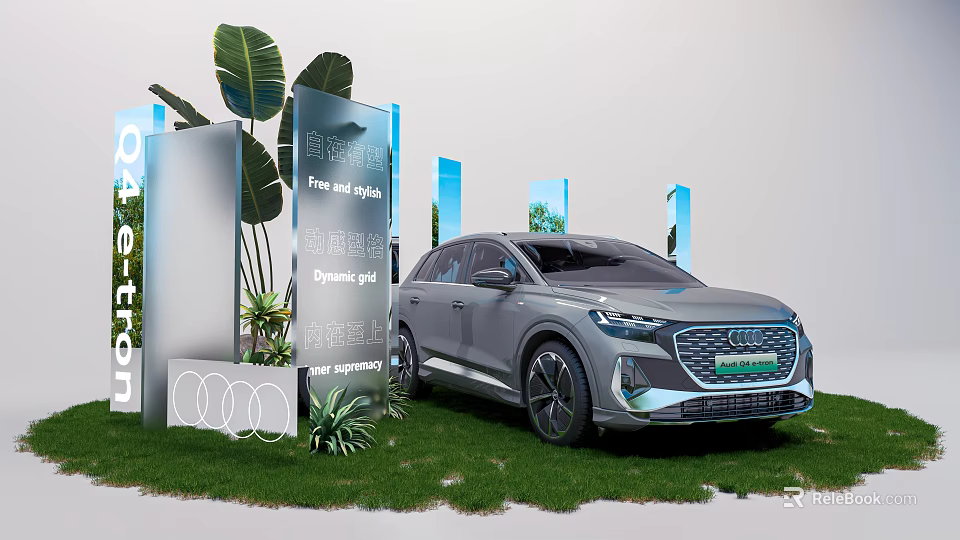Audi Electric SUV Showcased In Outdoor Display Area With Green Plants And Signage 3d model 