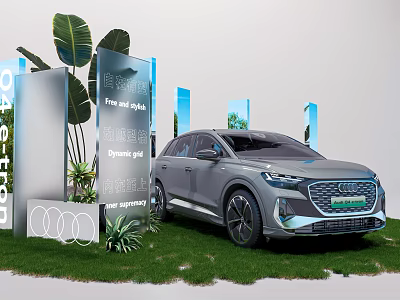 Audi Electric SUV Showcased In Outdoor Display Area With Green Plants And Signage 3d model