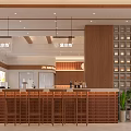 Modern Wooden Dessert Shop Interior With Pendant Lights And Pastry Display Counter