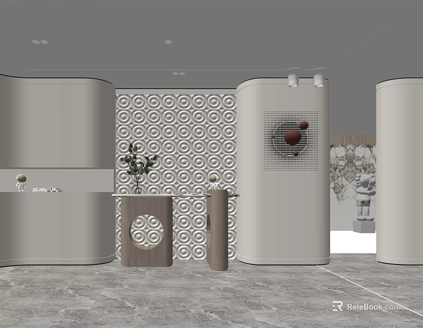 Modern Entryway Hallway With Curved Walls Geometric Patterned Backdrop And Decorative Plants 3d model 