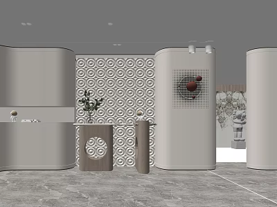 Modern Entryway Hallway With Curved Walls Geometric Patterned Backdrop And Decorative Plants 3d model