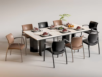 Modern Dining Table Set With Brown Black Chairs Marble Top And Tableware Fruits Green Plant 3d model