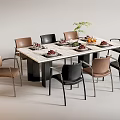 Modern Dining Table Set With Brown Black Chairs Marble Top And Tableware Fruits Green Plant