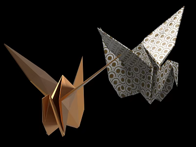Decorative Ornament Set with Brown and White Origami Cranes Featuring Circular Patterns 3d model