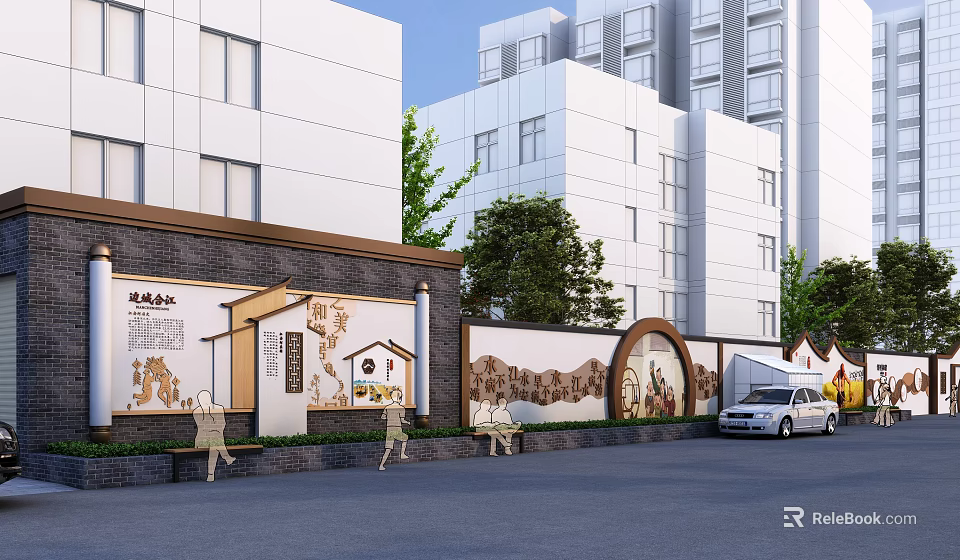 Modern Urban Mural Wall With Benches Trees And Parked Car Near Buildings 3d model 