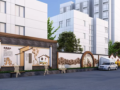 Modern Urban Mural Wall With Benches Trees And Parked Car Near Buildings 3d model
