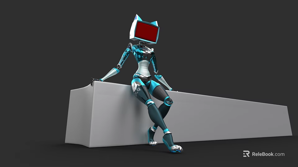 Game Movie Robot Character With Cat Ear Head Sitting on White Platform 3d model 