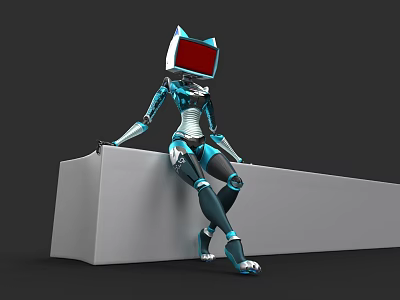 Game Movie Robot Character With Cat Ear Head Sitting on White Platform 3d model