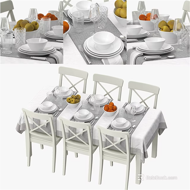 White Cross Back Table and Chairs Set with Tablecloth Fruits and Tableware 3d model 
